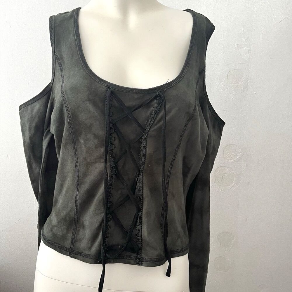 Whimsigoth Cold Shoulder Top L Green Lace up Witchy Steampunk Goth Cotton Alt